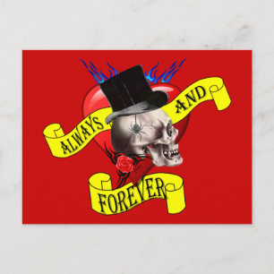 Romatic skull and heart tattoo design postcard