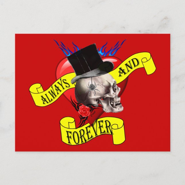Romatic skull and heart tattoo design postcard (Front)