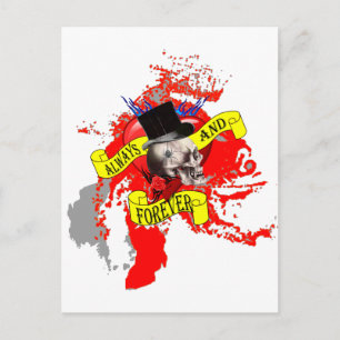 Romatic skull and heart tattoo design postcard