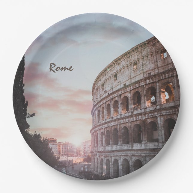 Rome Ancient Architecture sunset cityscape Paper Plate (Front)