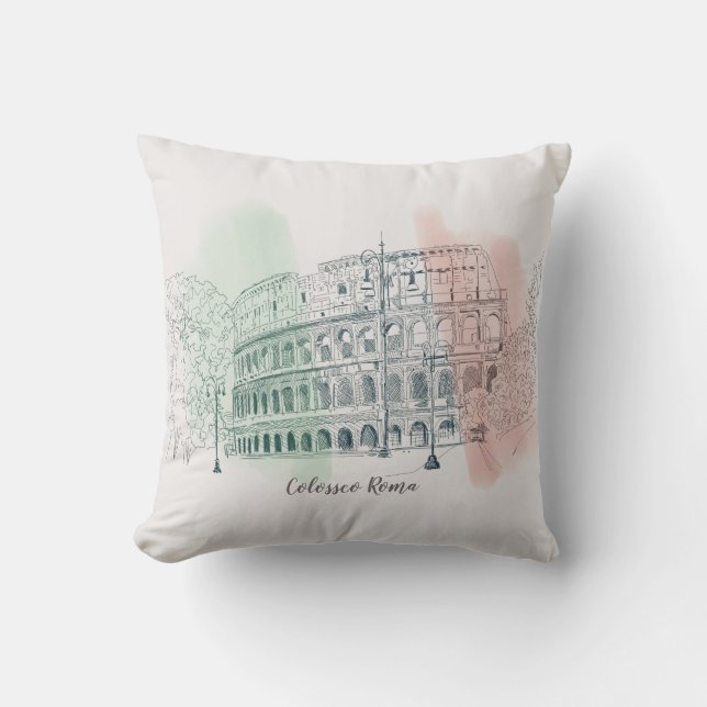 Rome Colosseum with Italian Flag Colours Pen n Ink Cushion (Front)