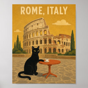 Rome Italy Black Cat Colosseum Vintage Coffee Poster