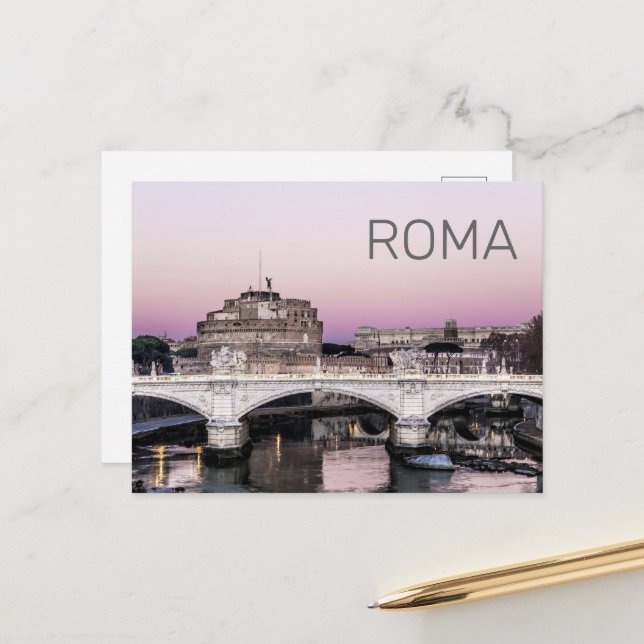 Rome Italy Castel Sant'Angelo Bridge Sunset Holiday Postcard (Front/Back In Situ)