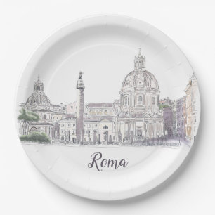 Rome Italy City Scene Domes Obelisk Ink Drawing Paper Plate