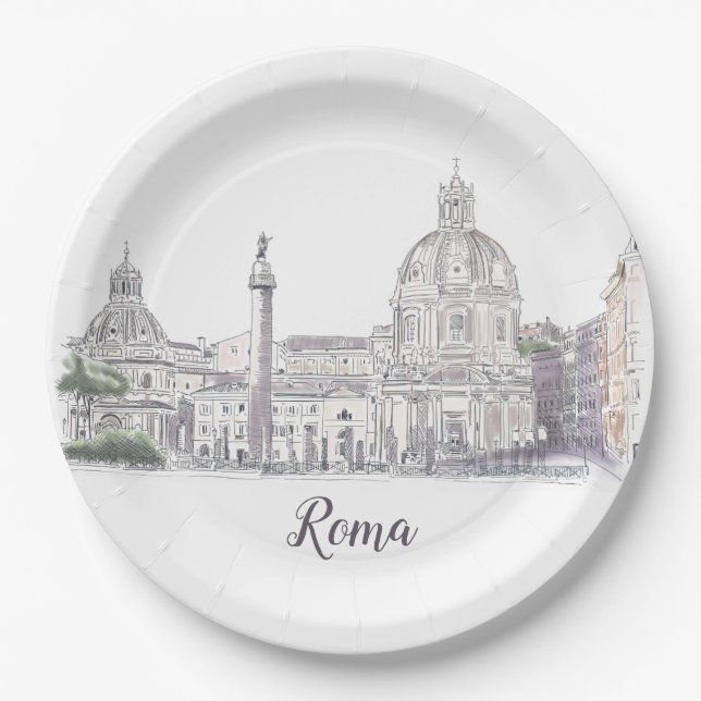 Rome Italy City Scene  Domes Obelisk Ink Drawing Paper Plate (Front)