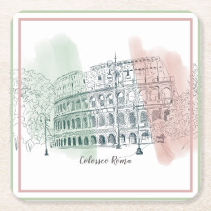 Rome Italy Colosseum and Italy Flag Colours Sketch Square Paper Coaster
