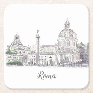 Rome Italy Iconic Pen and Ink Illustration Square Paper Coaster