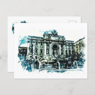 ROME Italy Trevi Fountain Watercolor Painting Roma Postcard