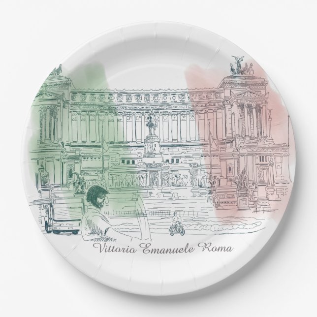 Rome Italy Vittorio Emanuele Monument Italy Flag Paper Plate (Front)