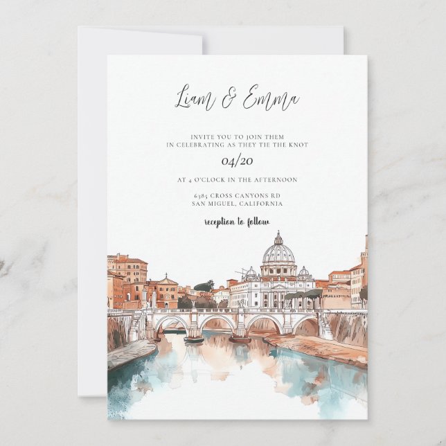 Rome Italy Watercolor Wedding Invitation (Front)
