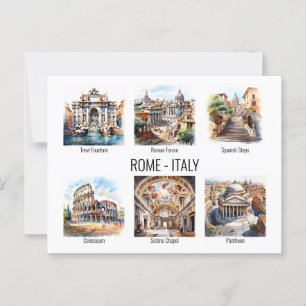 Rome most popular tourist attractions watercolor postcard