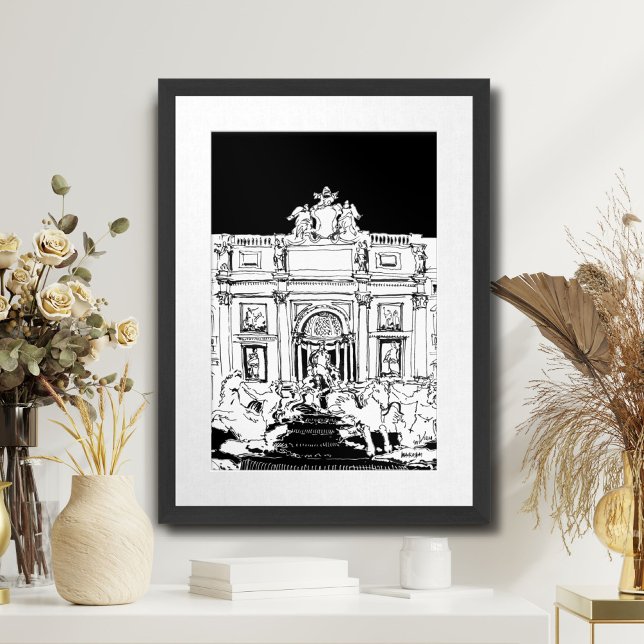 Rome Trevi Fountain Black White Travel Art Print (Rome Trevi Fountain Black White Travel Art Print)