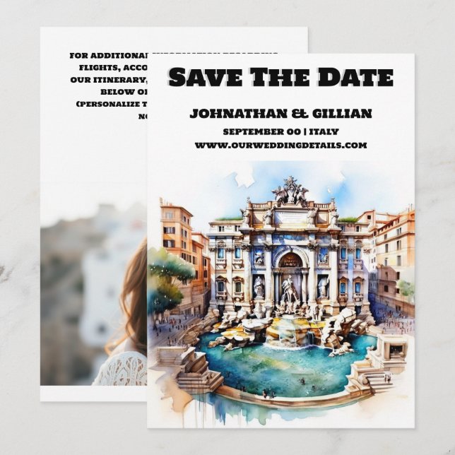 Rome wedding save the date trevi fountain chic (Front/Back)