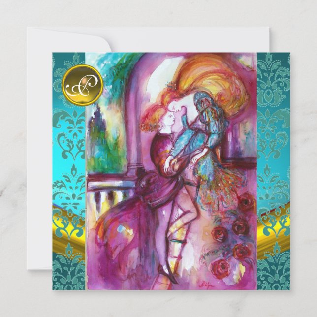 ROMEO AND JULIET Aqua Blue,Teal Damask Floral Invitation (Front)