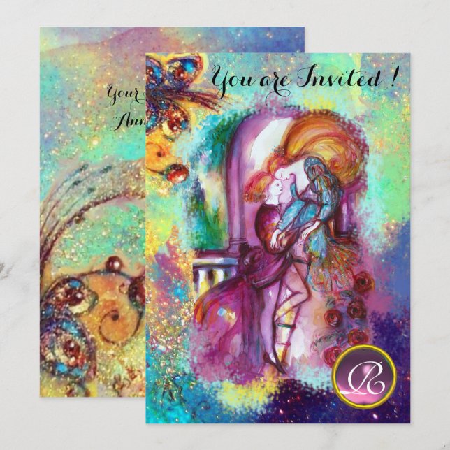 ROMEO AND JULIET Floral Blue Gold Sparkles Invitation (Front/Back)
