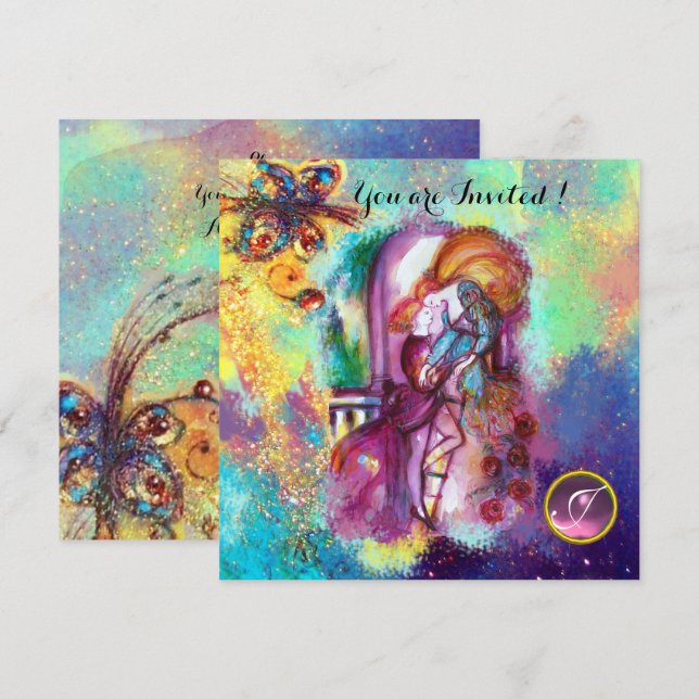 ROMEO AND JULIET Floral Blue Gold Sparkles Invitation (Front/Back)