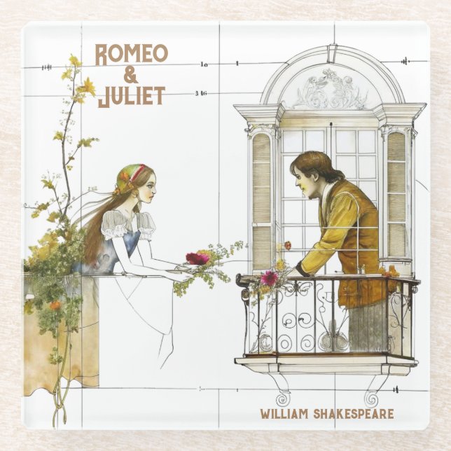 Romeo and Juliet watercolor design Glass Coaster (Front)
