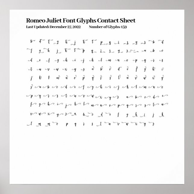 Romeo Juliet Script Font Glyphs Contact Sheet Poster (Front)