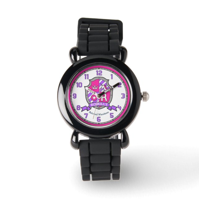 Romilly girls name meaning crest R unicorn pink Watch (Front)