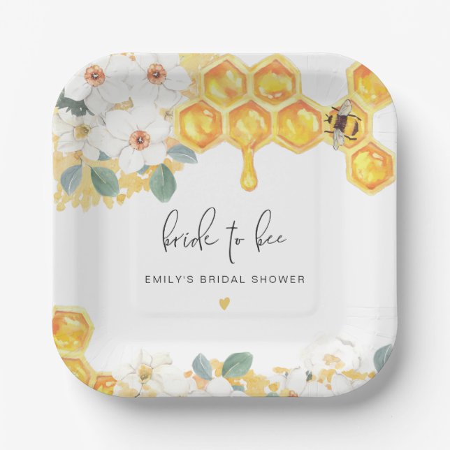 ROMY Rustic Bumble Bee Floral Bridal Shower Paper Plate (Front)