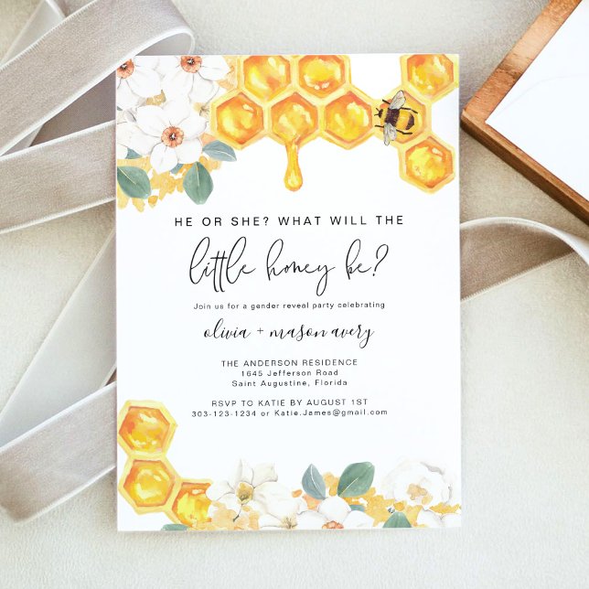 ROMY Rustic Floral Little Honey Bee Gender Reveal Invitation (Creator Uploaded)