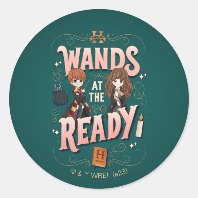 Ron & Hermione Wands at the Ready Classic Round Sticker (Front)