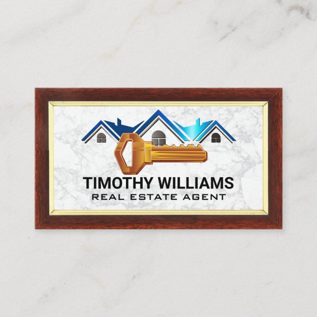 Roof and Keys | Wood Border | Marble Business Card (Front)