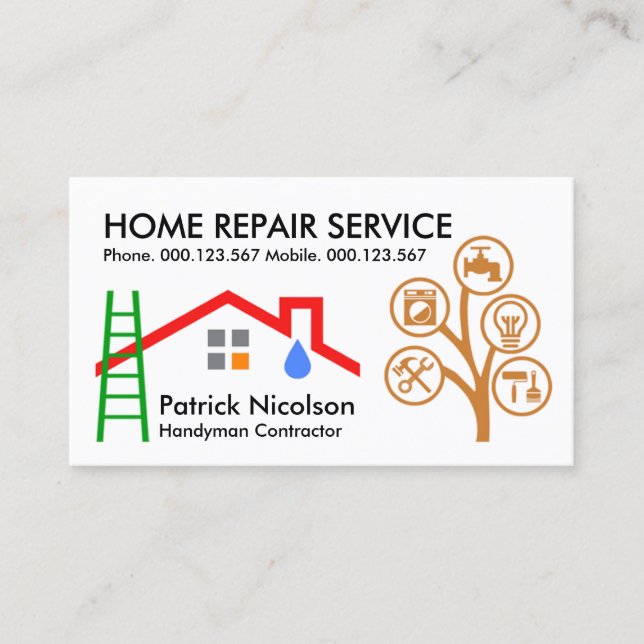 Roof Ladder Construction Tools Tree Business Card (Front)