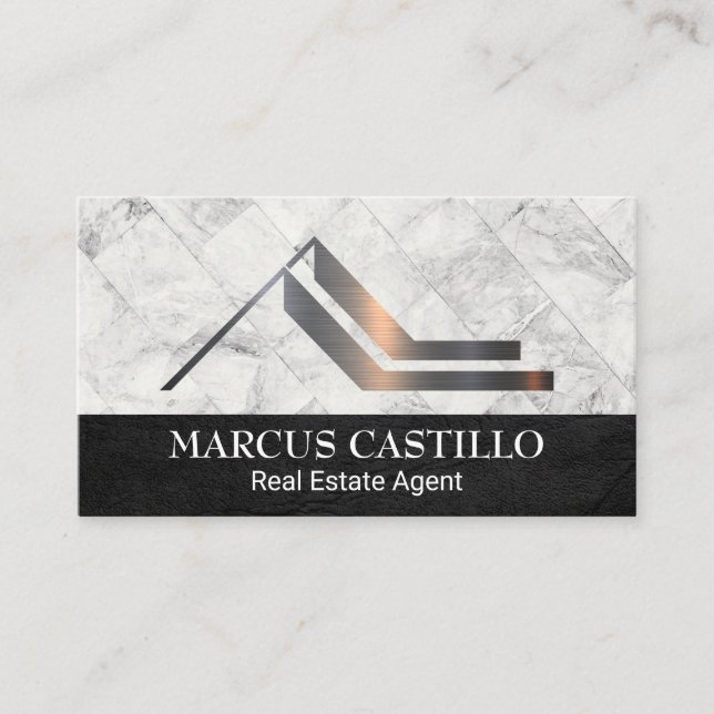 Roof Property Home Logo | White Marble Tiles Business Card (Front)