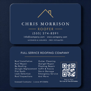 Roofer Navy Blue Gold QR Code Business Card