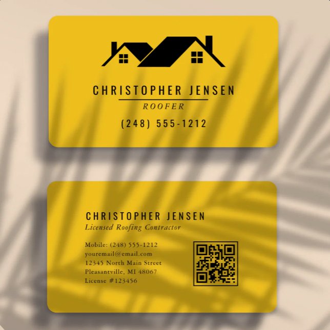 Roofer QR Code Bold Yellow Black Rounded Business Card (Creator Uploaded)