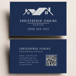 Roofer QR Code Navy Blue Grey Roofing Business Card