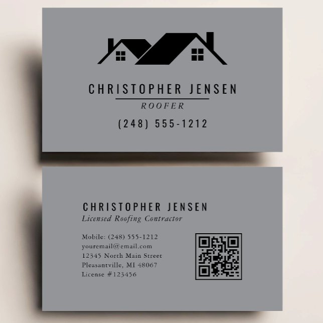 Roofer QR Code Roofing Business Gray Black Business Card (Creator Uploaded)