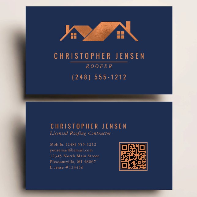 Roofer QR Code Roofing Business Navy Blue Copper Business Card (Creator Uploaded)