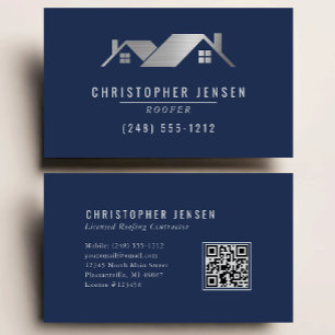 Roofer QR Code Roofing Business Navy Blue Silver Business Card