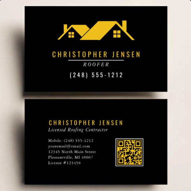 Roofer QR Code Simple Black Yellow Business Card (Creator Uploaded)