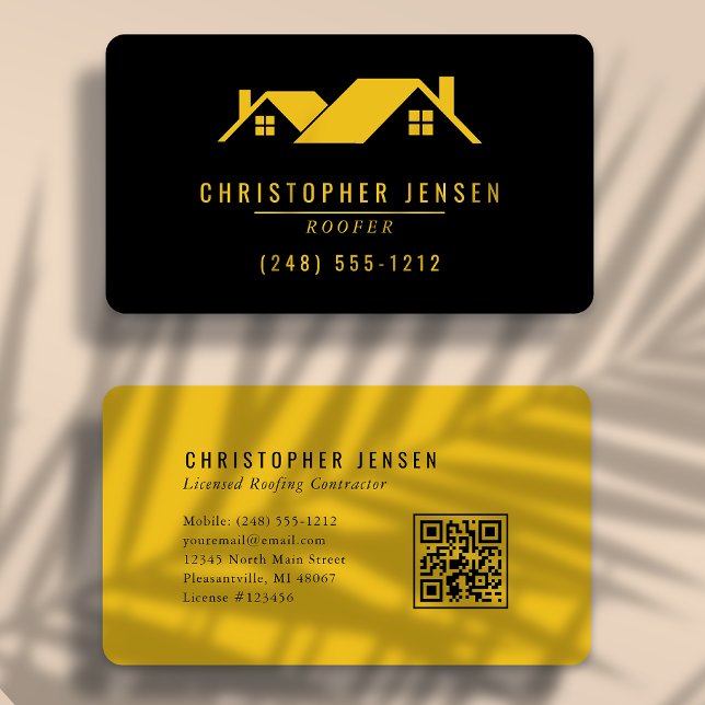 Roofer QR Code Simple Bold Black Yellow Rounded Business Card (Creator Uploaded)