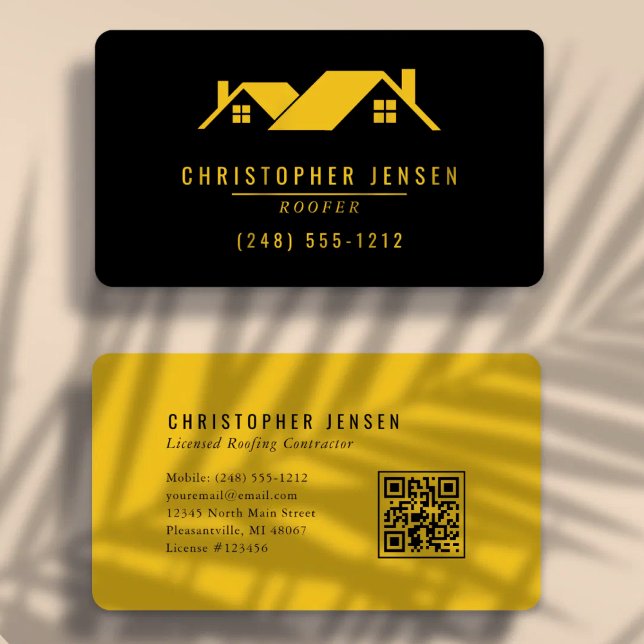 Roofer QR Code Simple Bold Black Yellow Rounded Business Card (Creator Uploaded)