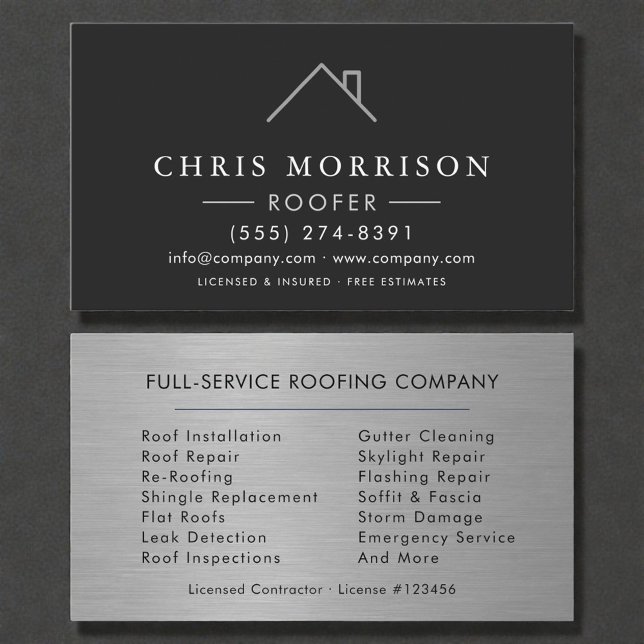  Roofer Silver Metallic Modern Roofing Company Business Card (Creator Uploaded)