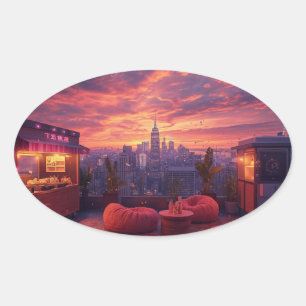 Rooftop Beats and Sunset Treats Oval Sticker