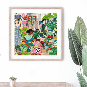 Rooftop city gardening girls poster