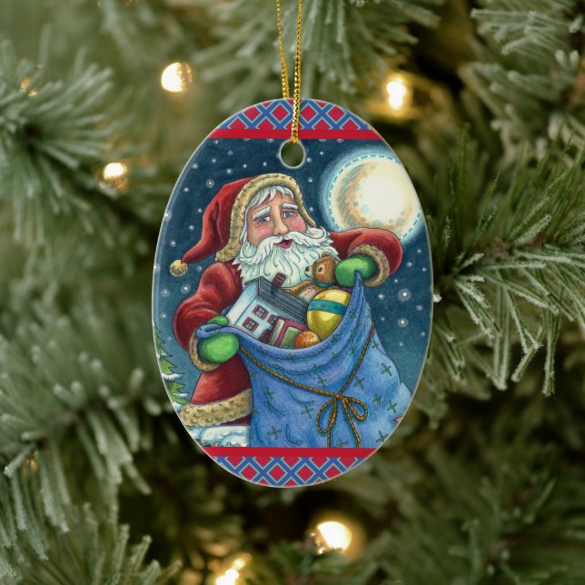 ROOFTOP SANTA BAG OF TOYS, DOLLHOUSE, HOBBYHORSE CERAMIC TREE DECORATION (Tree)