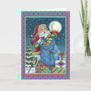 ROOFTOP SANTA BAG OF TOYS, DOLLHOUSE, HOBBYHORSE HOLIDAY CARD