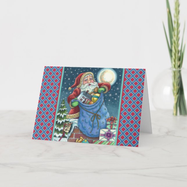 ROOFTOP SANTA BAG OF TOYS, DOLLHOUSE, HOBBYHORSE HOLIDAY CARD (Front)