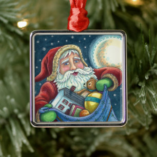 ROOFTOP SANTA BAG OF TOYS, DOLLHOUSE, HOBBYHORSE METAL TREE DECORATION