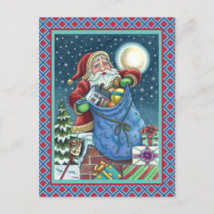 ROOFTOP SANTA BAG OF TOYS, DOLLHOUSE, HOBBYHORSE POSTCARD