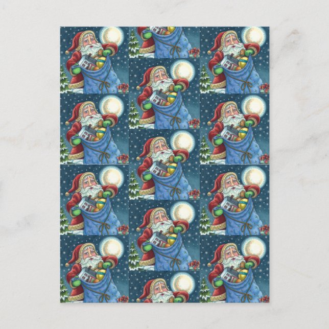 ROOFTOP SANTA BAG OF TOYS, DOLLHOUSE, HOBBYHORSE POSTCARD (Front)