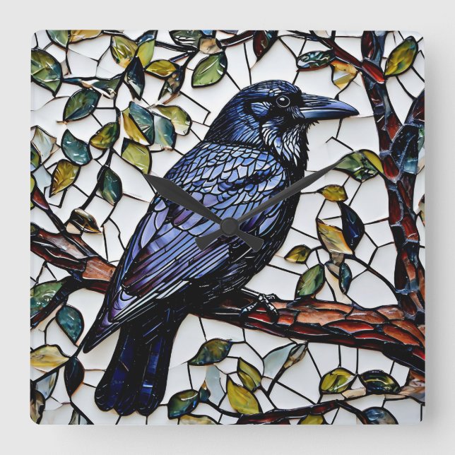 Rook bird mosaic art square wall clock (Front)