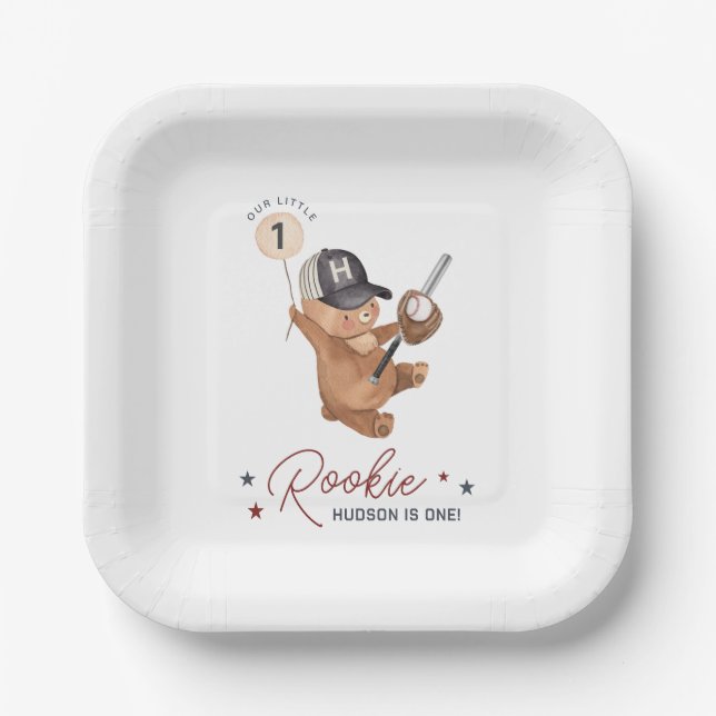 Rookie 1st Birthday Bear Paper Plate (Front)