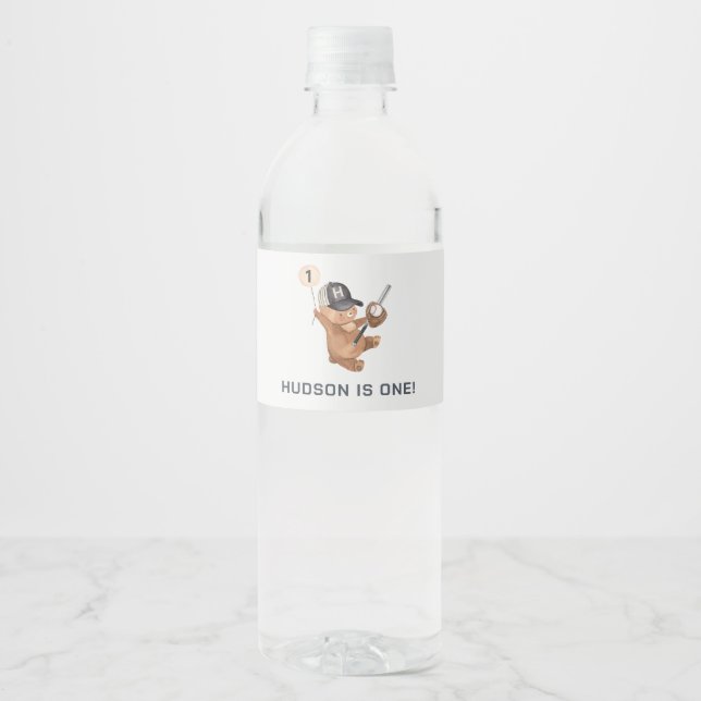 Rookie 1st Birthday Bear Water Bottle Label (Front)